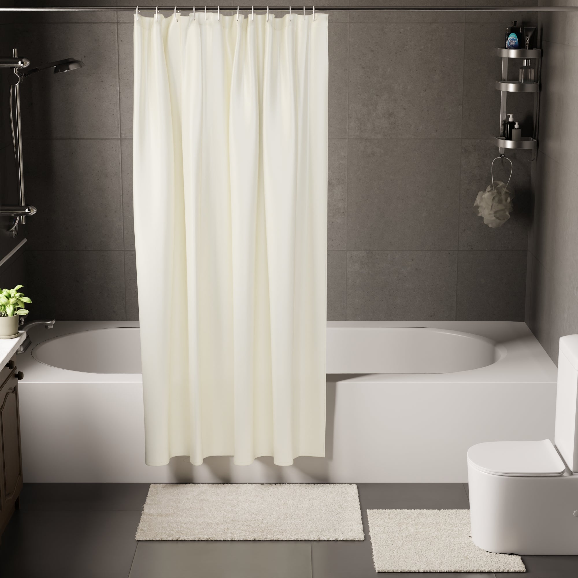 Polyester ZZ Cream Combo Shower Curtain + Bathmat (Pack of 3)