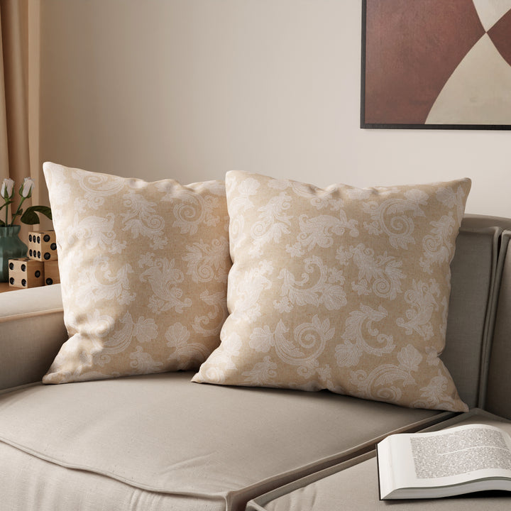 Chambray Cotton Floral Beige Cushion Cover (Pack of 2)