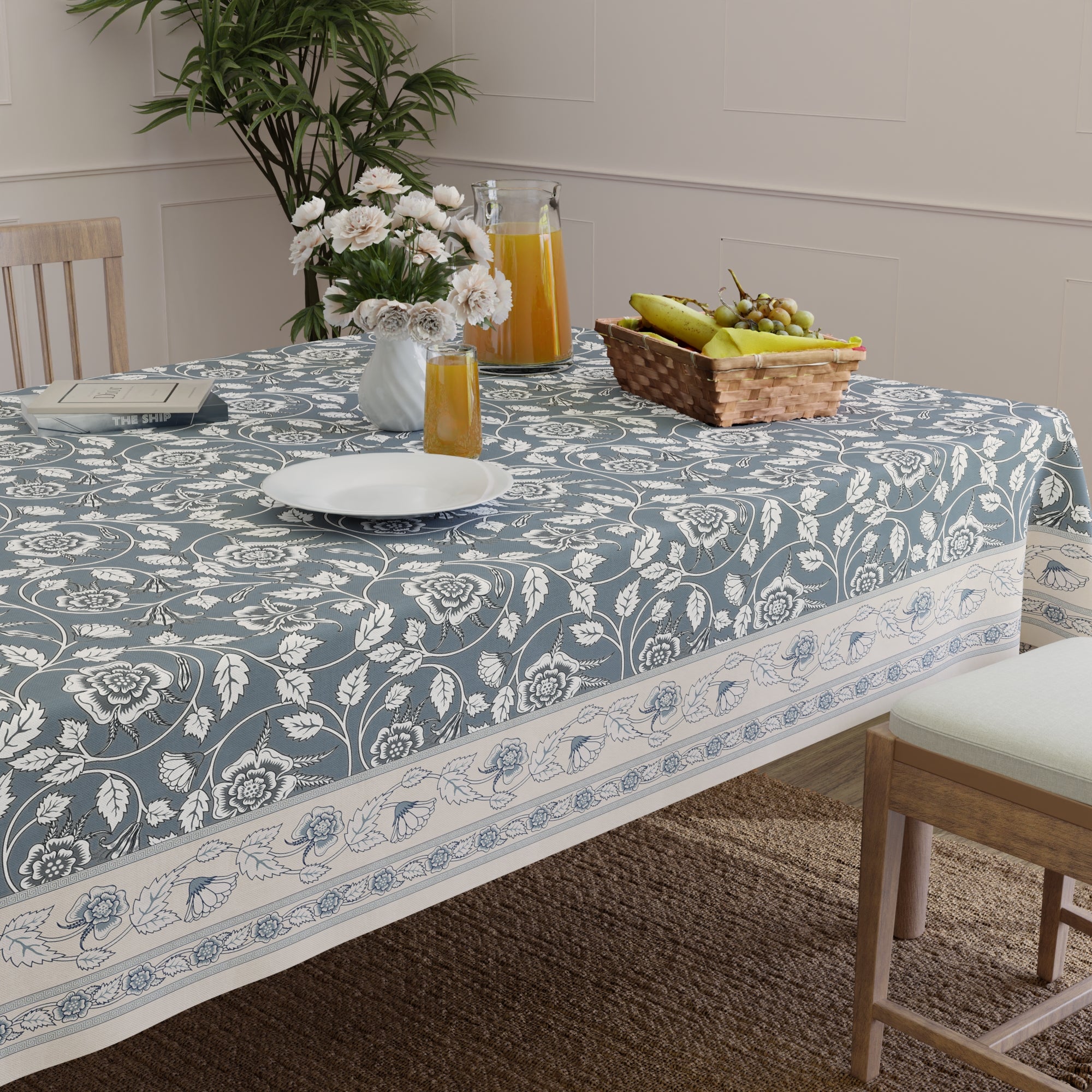 Polyester French Grey Printed Table Cloth (Pack of 1)