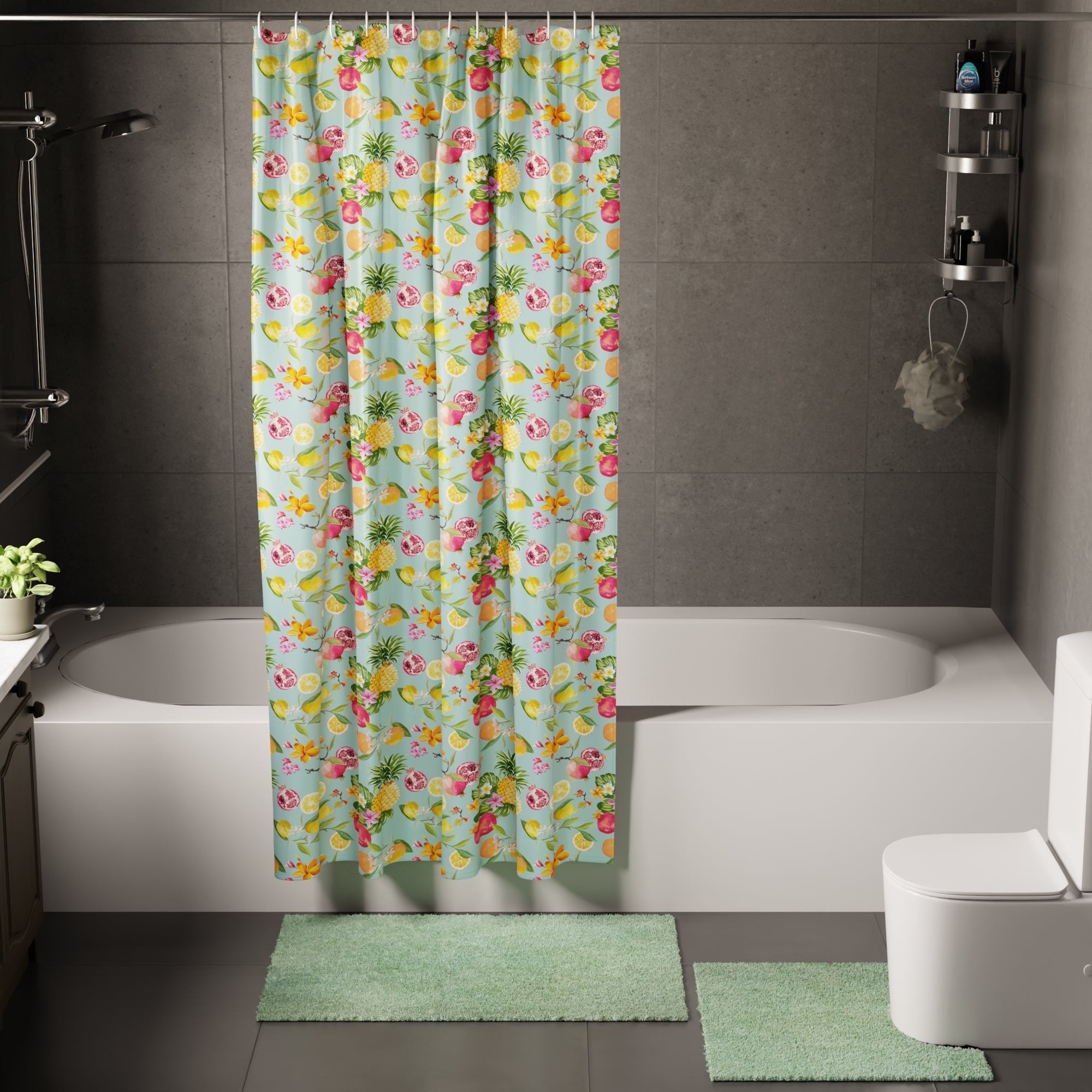 Polyester Pineapple Combo Shower Curtain + Bathmat (Pack of 3)