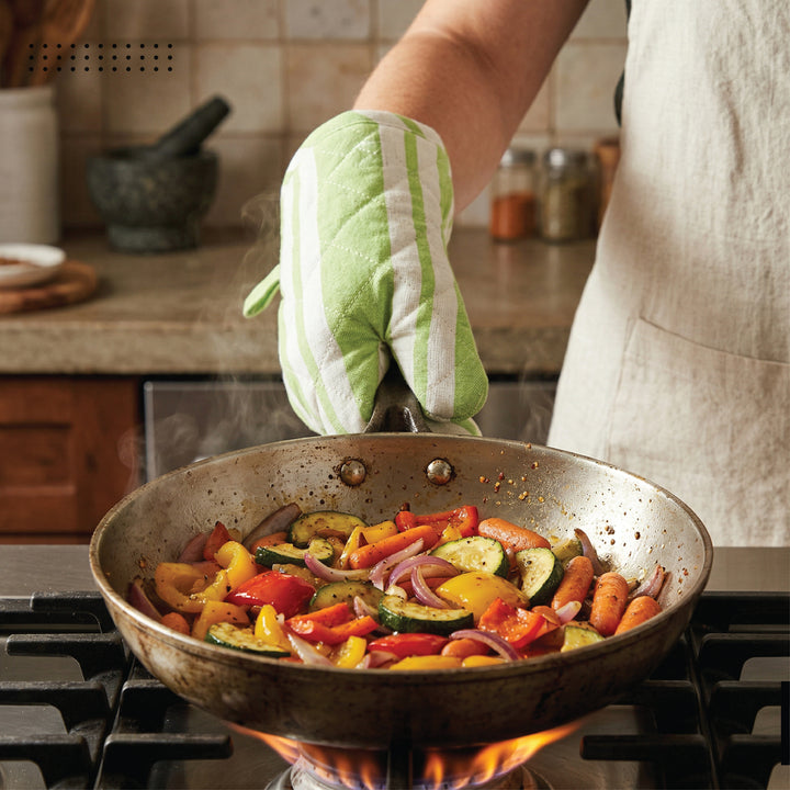Cotton Franca Lime Stripes Apron + Oven Glove + Pot Holder (Pack of 3)