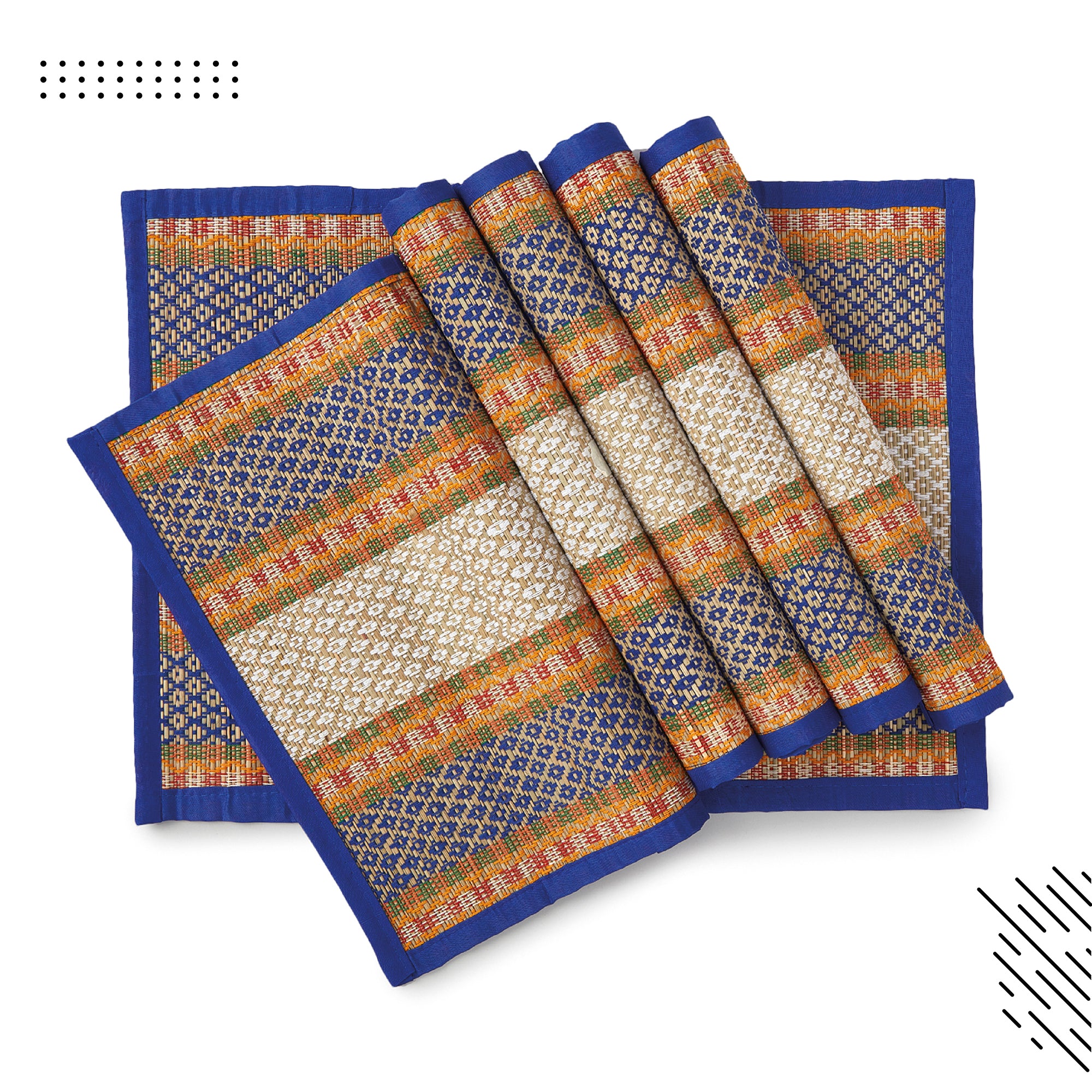 Madur Kathi Blue Table Runner+Placemat (Pack of 7)