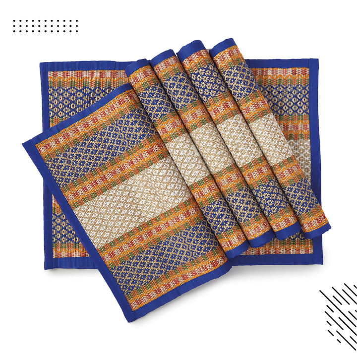Madur Kathi Blue Table Runner+Placemat (Pack of 7)