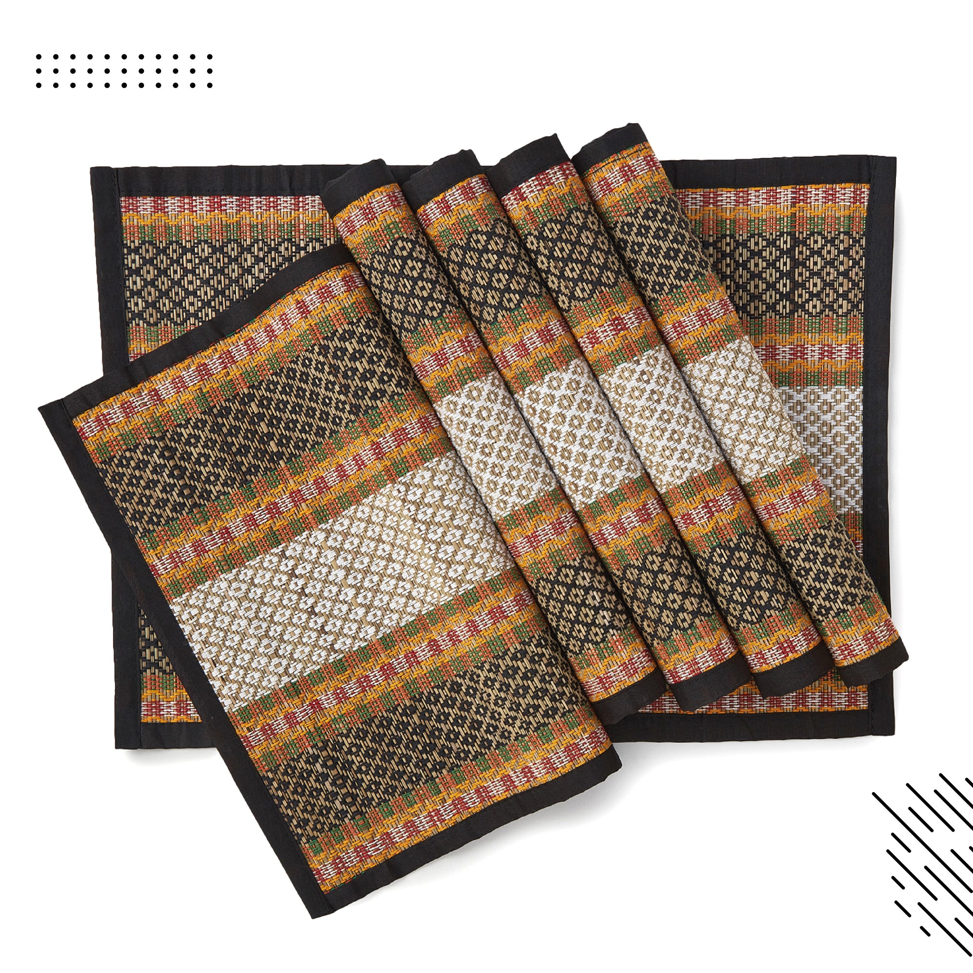 Madur Kathi Black Table Runner+Placemat (Pack of 7)
