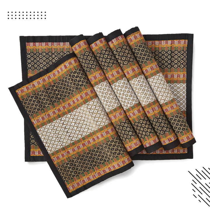 Madur Kathi Black Table Runner+Placemat (Pack of 7)