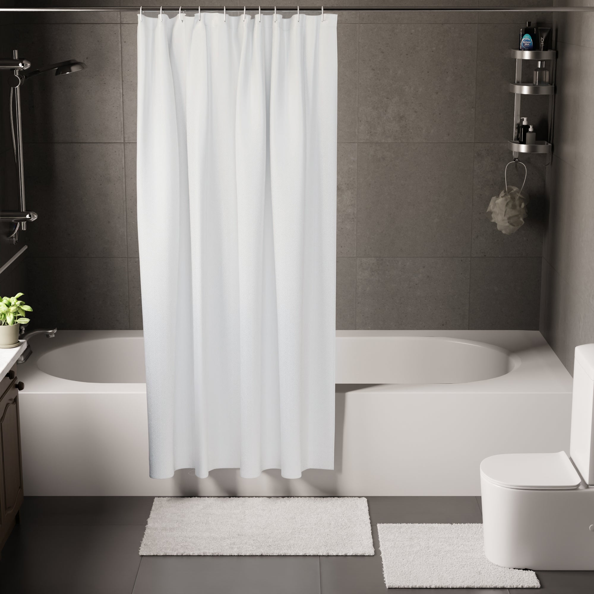 Polyester ZZ White Combo Shower Curtain + Bathmat (Pack of 3)