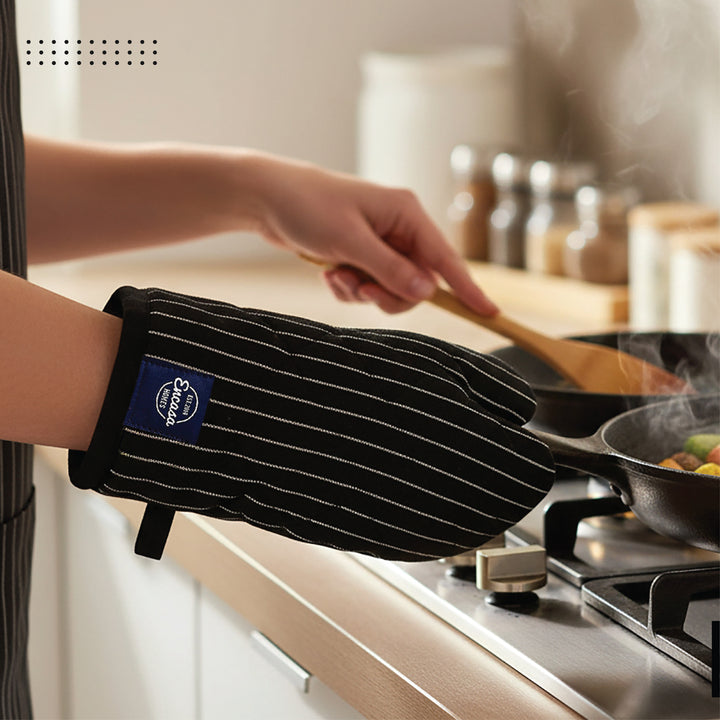 Cotton Butcher Stripes Black Apron + Oven Glove + Pot Holder (Pack of 3)