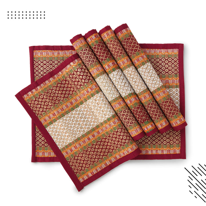 Madur Kathi Red Table Runner+Placemat (Pack of 7)