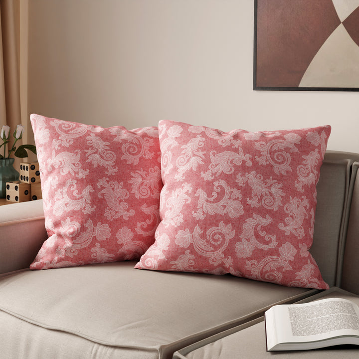 Chambray Cotton Floral Red Cushion Cover (Pack of 2)