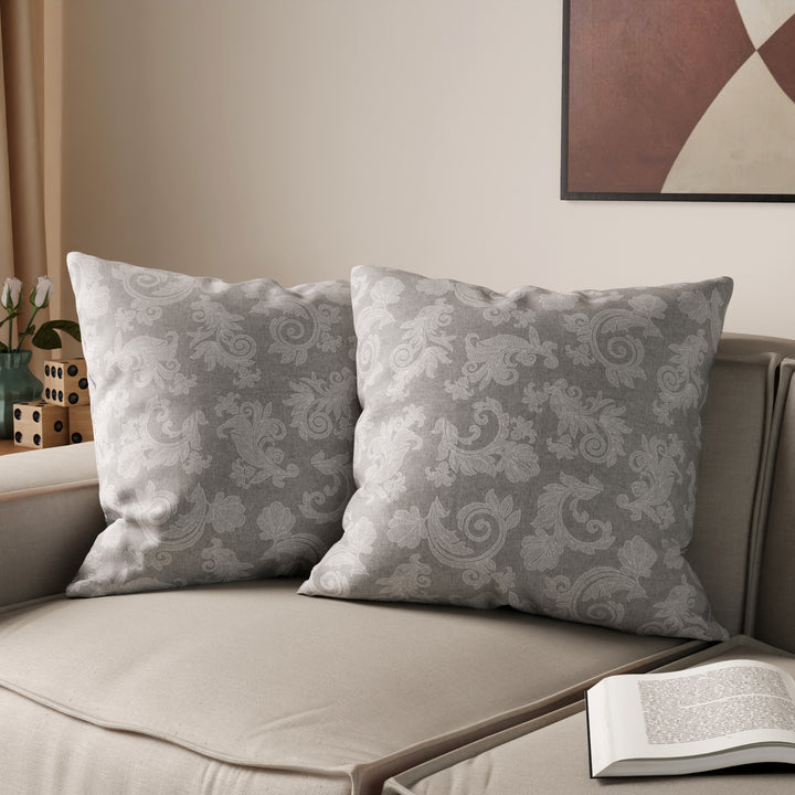 Chambray Cotton Floral Grey Cushion Cover (Pack of 2)
