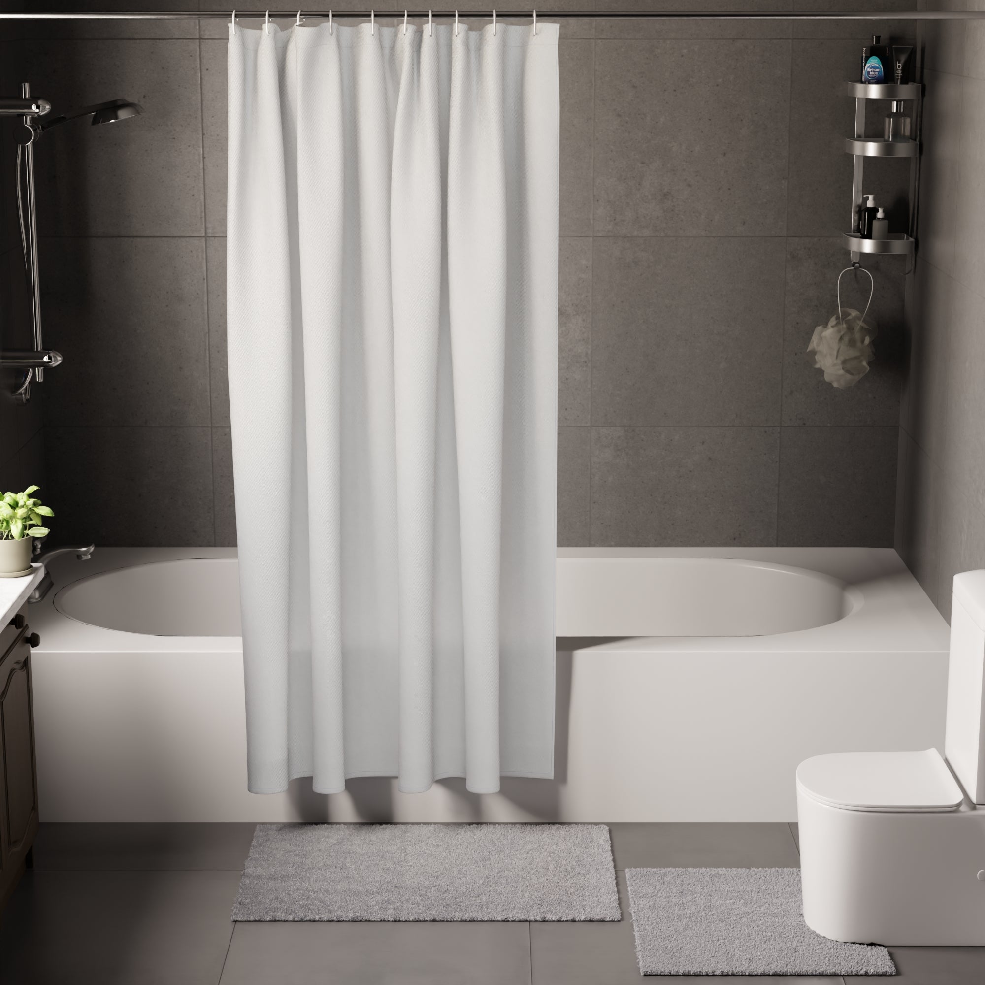 Polyester Grey Shower Curtain + Bathmat (Pack of 3)