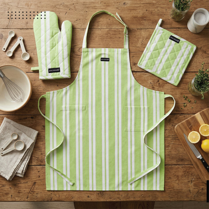 Cotton Franca Lime Stripes Apron + Oven Glove + Pot Holder (Pack of 3)