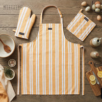 Cotton Franca Yellow Stripes Apron + Oven Glove + Pot Holder (Pack of 3)