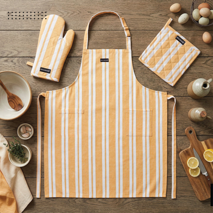 Cotton Franca Yellow Stripes Apron + Oven Glove + Pot Holder (Pack of 3)