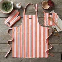 Cotton Franca Orange Stripes Apron + Oven Glove + Pot Holder (Pack of 3)
