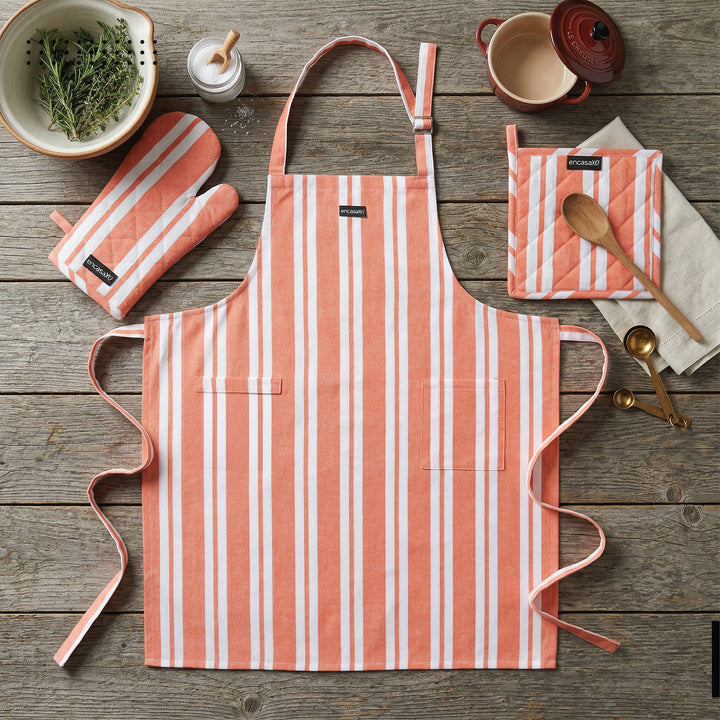 Cotton Franca Orange Stripes Apron + Oven Glove + Pot Holder (Pack of 3)