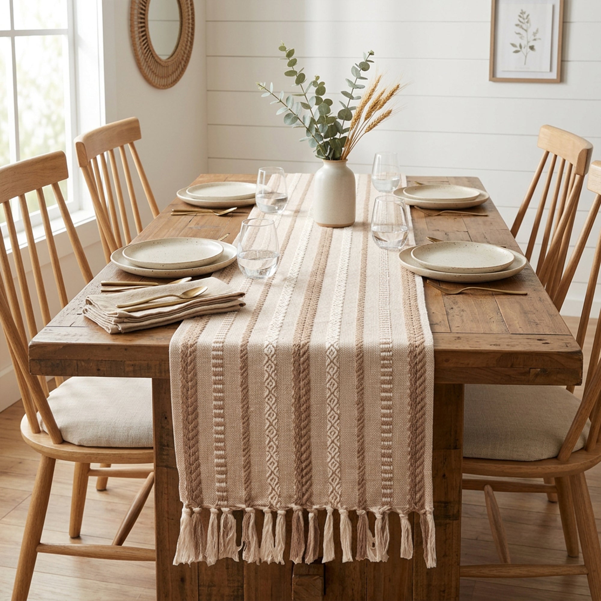 Cotton Jacquard Beige Table Runner (Pack of 1)
