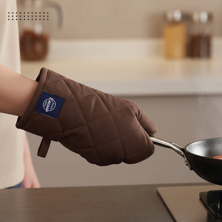 Cotton Dark Taupe & Beige Apron + Oven Glove + Pot Holder (Pack of 3)