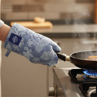 Cotton Floral Blue Apron + Oven Glove + Pot Holder (Pack of 3)