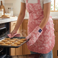 Cotton Floral Red Apron + Oven Glove + Pot Holder (Pack of 3)