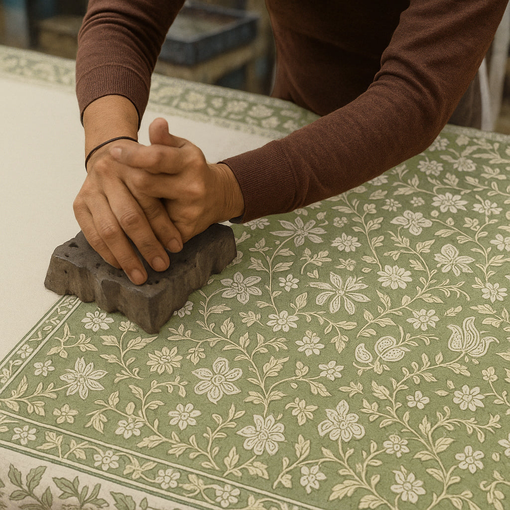 Jaipuri Hand block Print Cotton Sage Green Tablecloth