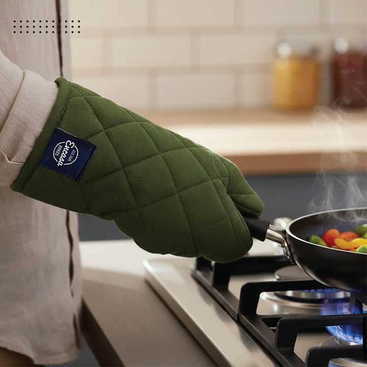Cotton Leaf Green Apron + Oven Glove + Pot Holder (Pack of 3)