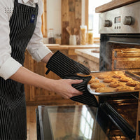 Cotton Butcher Stripes Black Apron + Oven Glove + Pot Holder (Pack of 3)
