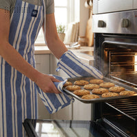 Cotton Franca Blue Stripes Apron + Oven Glove + Pot Holder (Pack of 3)