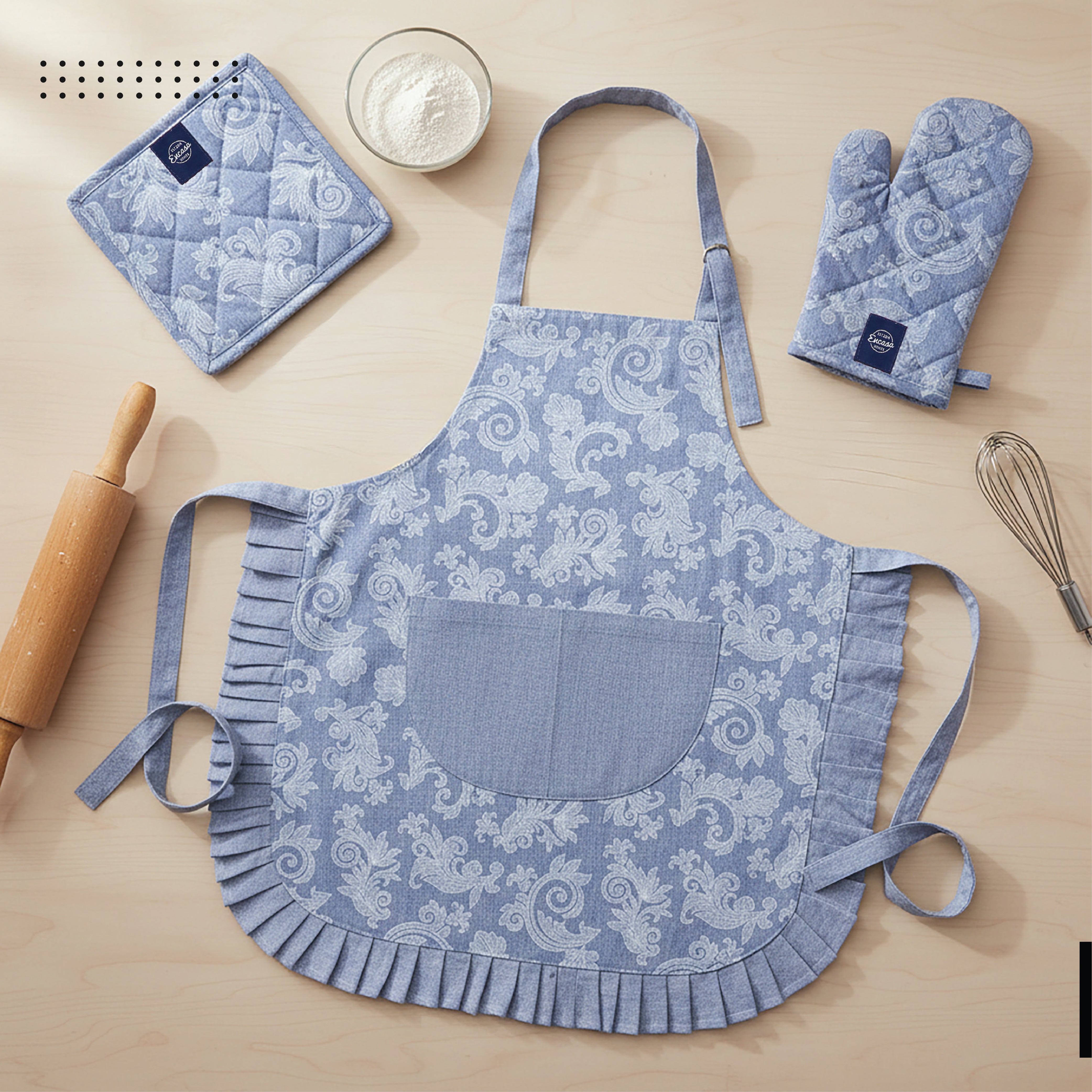 Cotton Floral Blue Apron + Oven Glove + Pot Holder (Pack of 3)