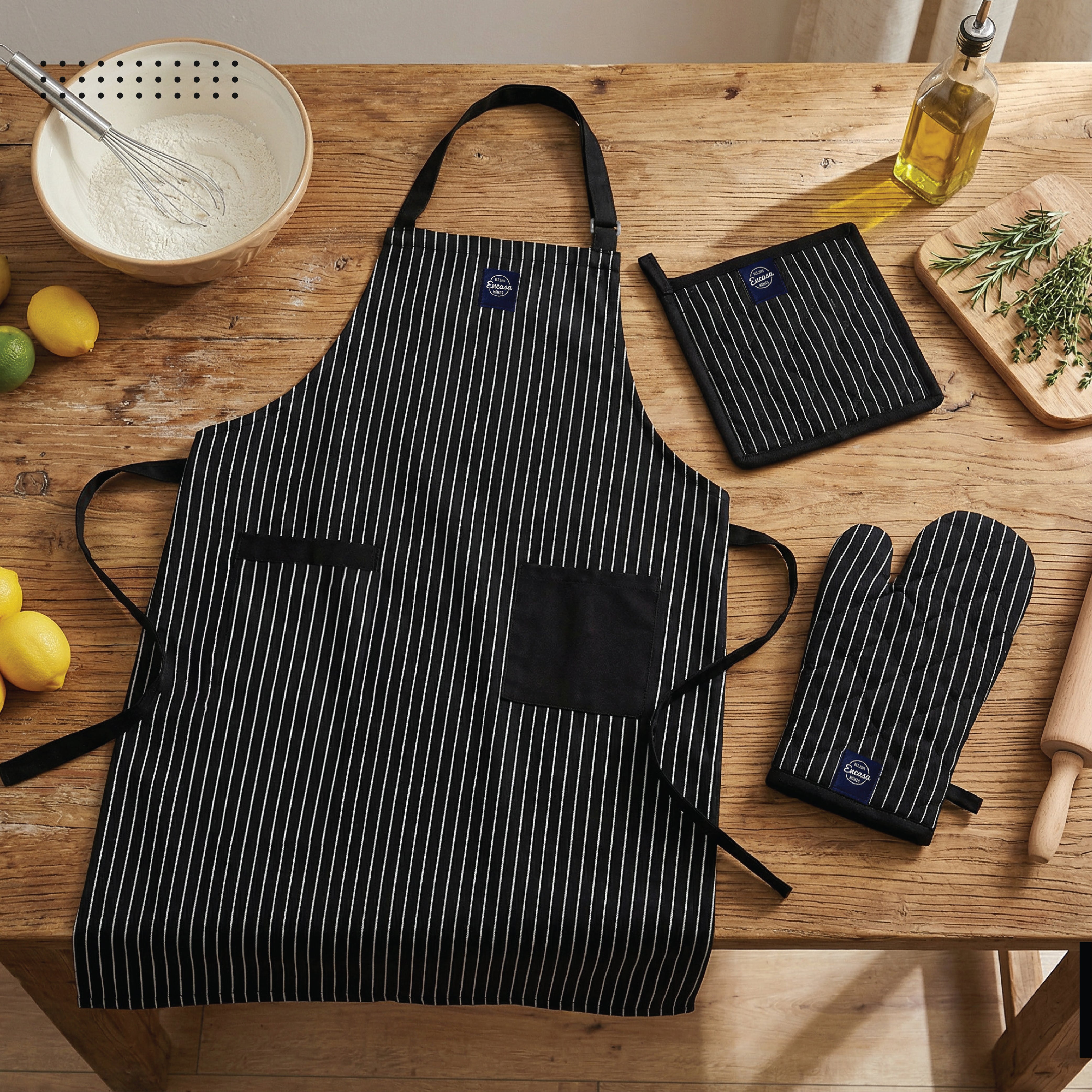Cotton Butcher Stripes Black Apron, Oven Glove & Pot Holder