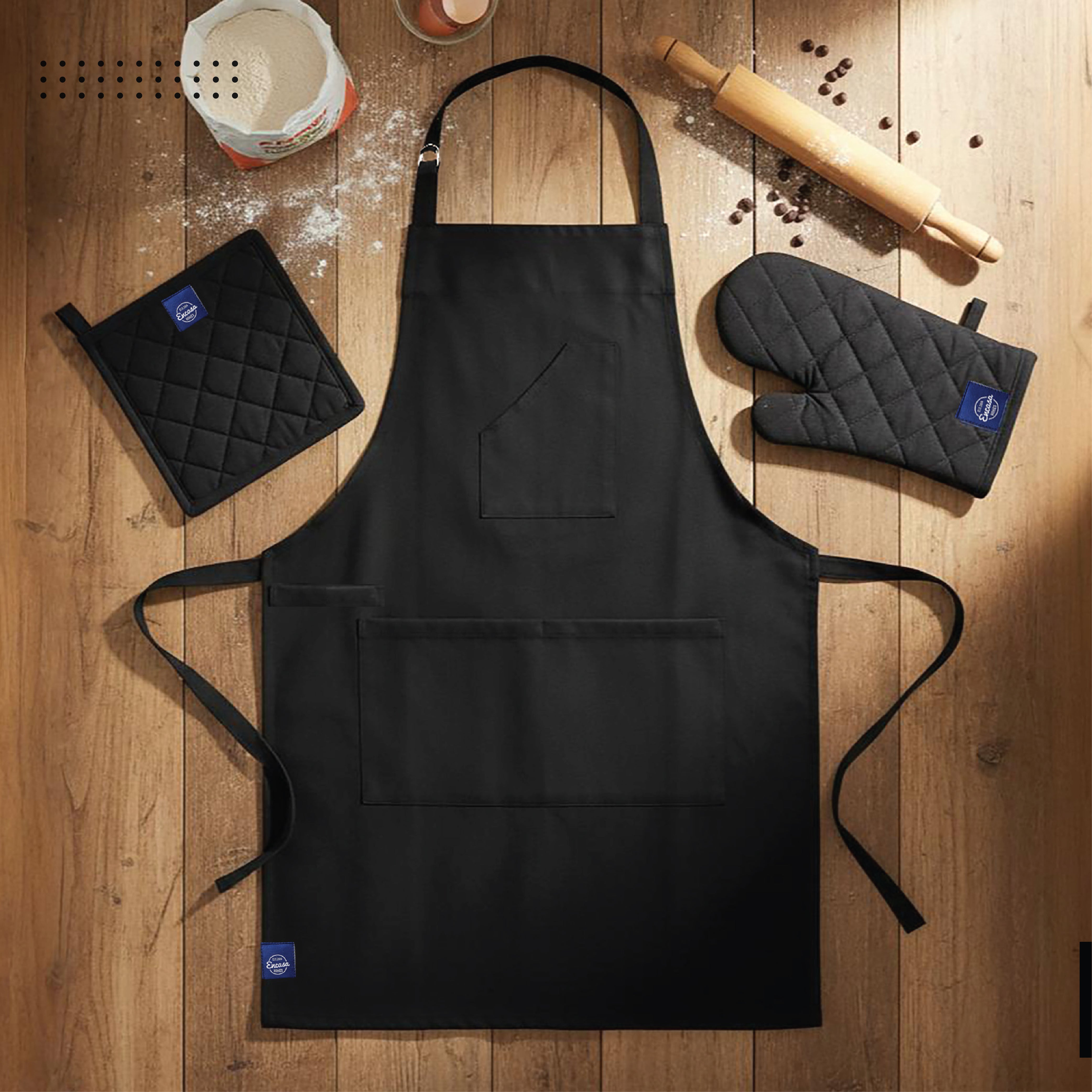 Cotton Full Black Apron + Oven Glove + Pot Holder (Pack of 3)