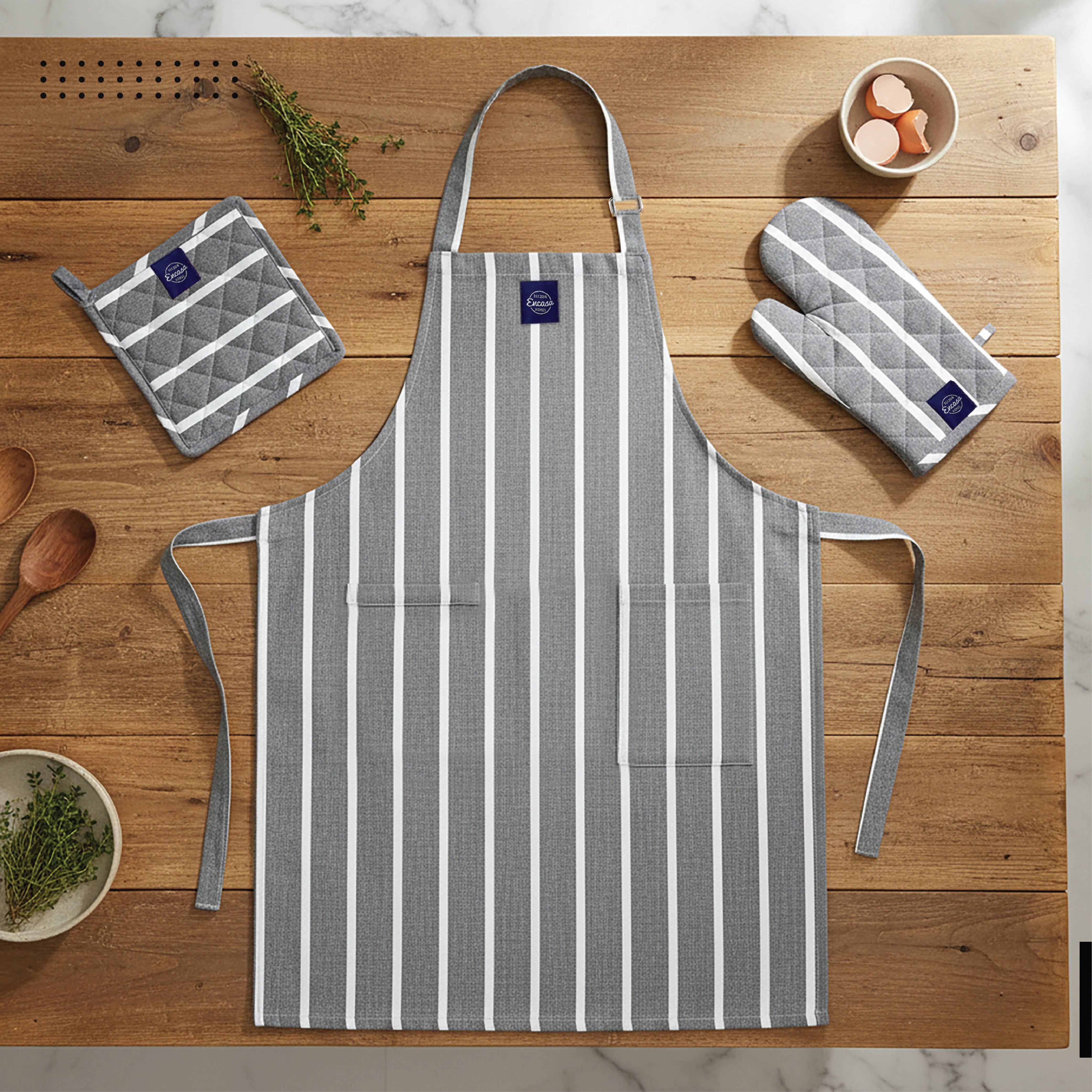 Cotton Roma Grey Stripes Apron + Oven Glove + Pot Holder (Pack of 3)
