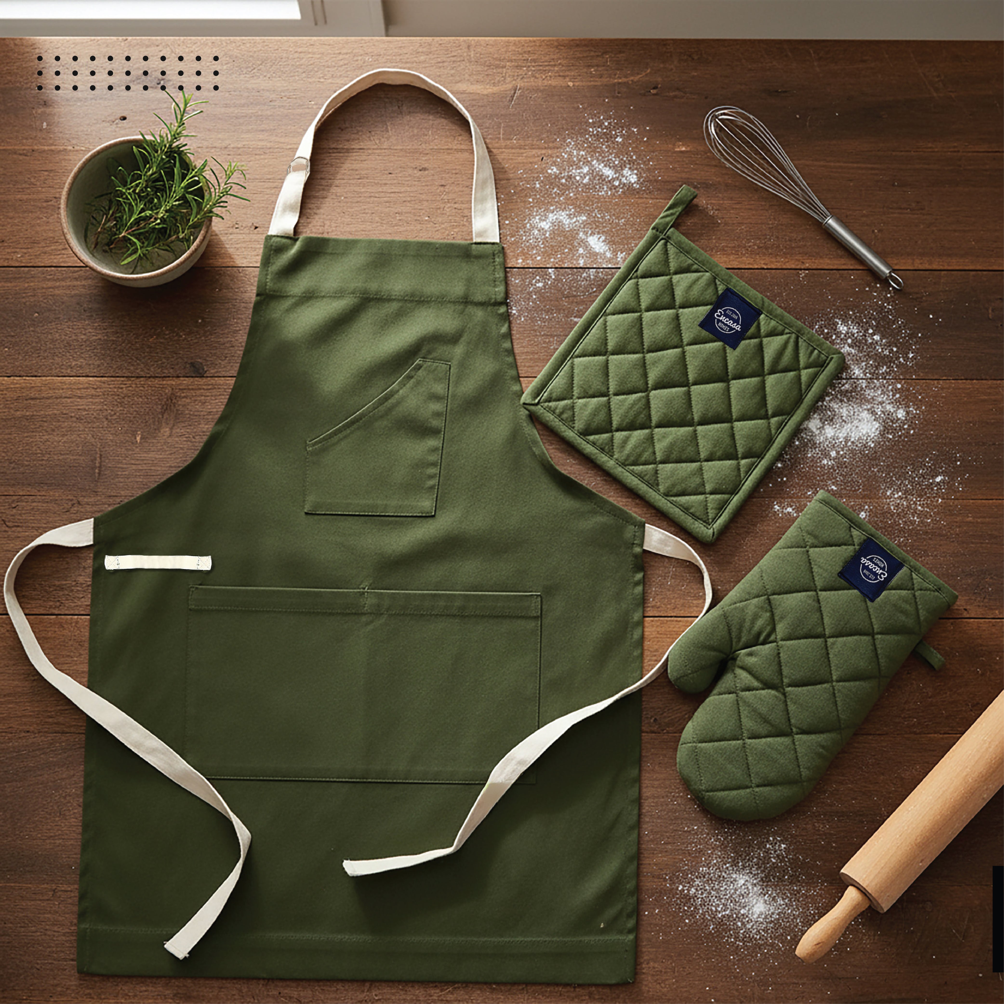 Cotton Leaf Green Apron + Oven Glove + Pot Holder (Pack of 3)