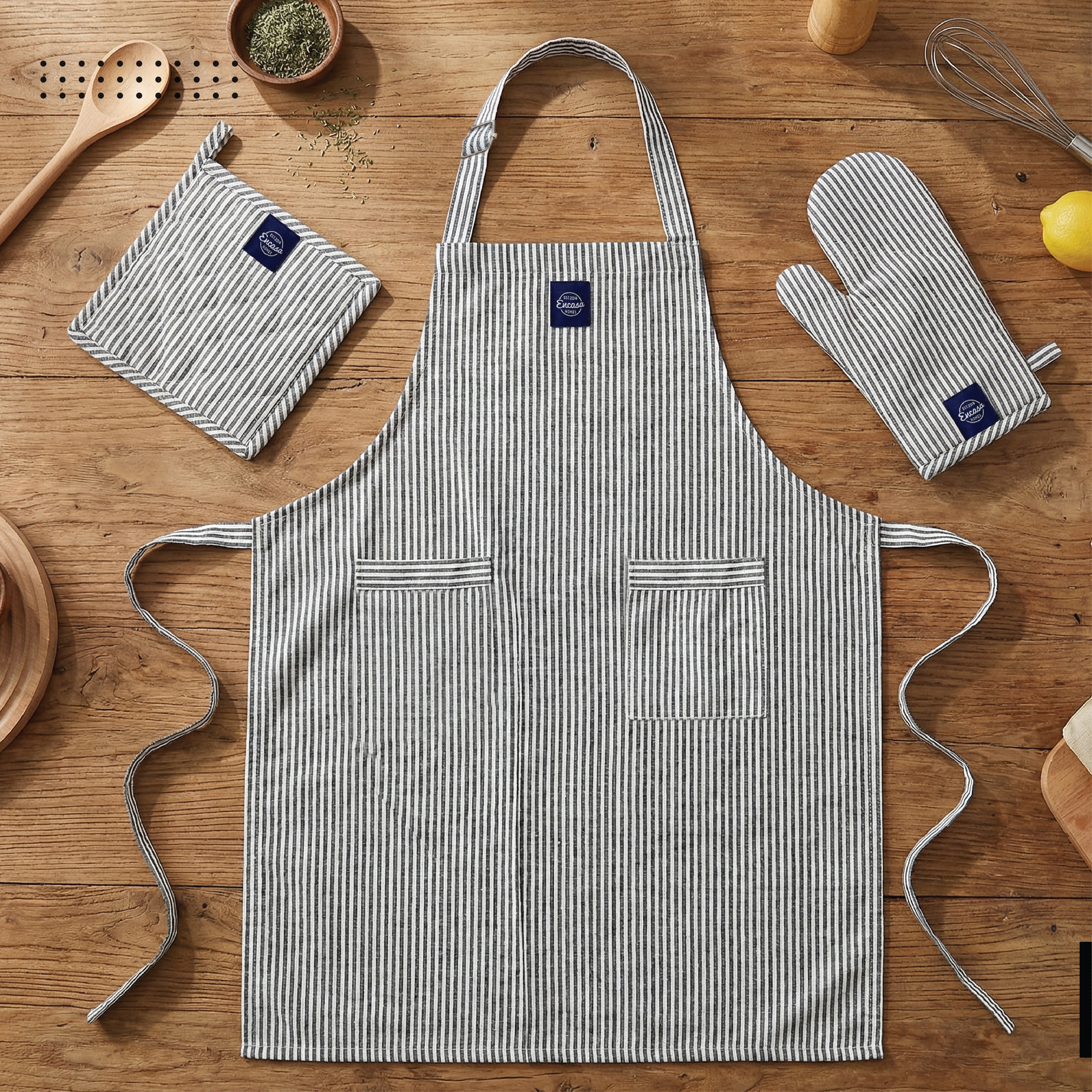 Cotton Ticking Black Apron + Oven Glove + Pot Holder (Pack of 3)