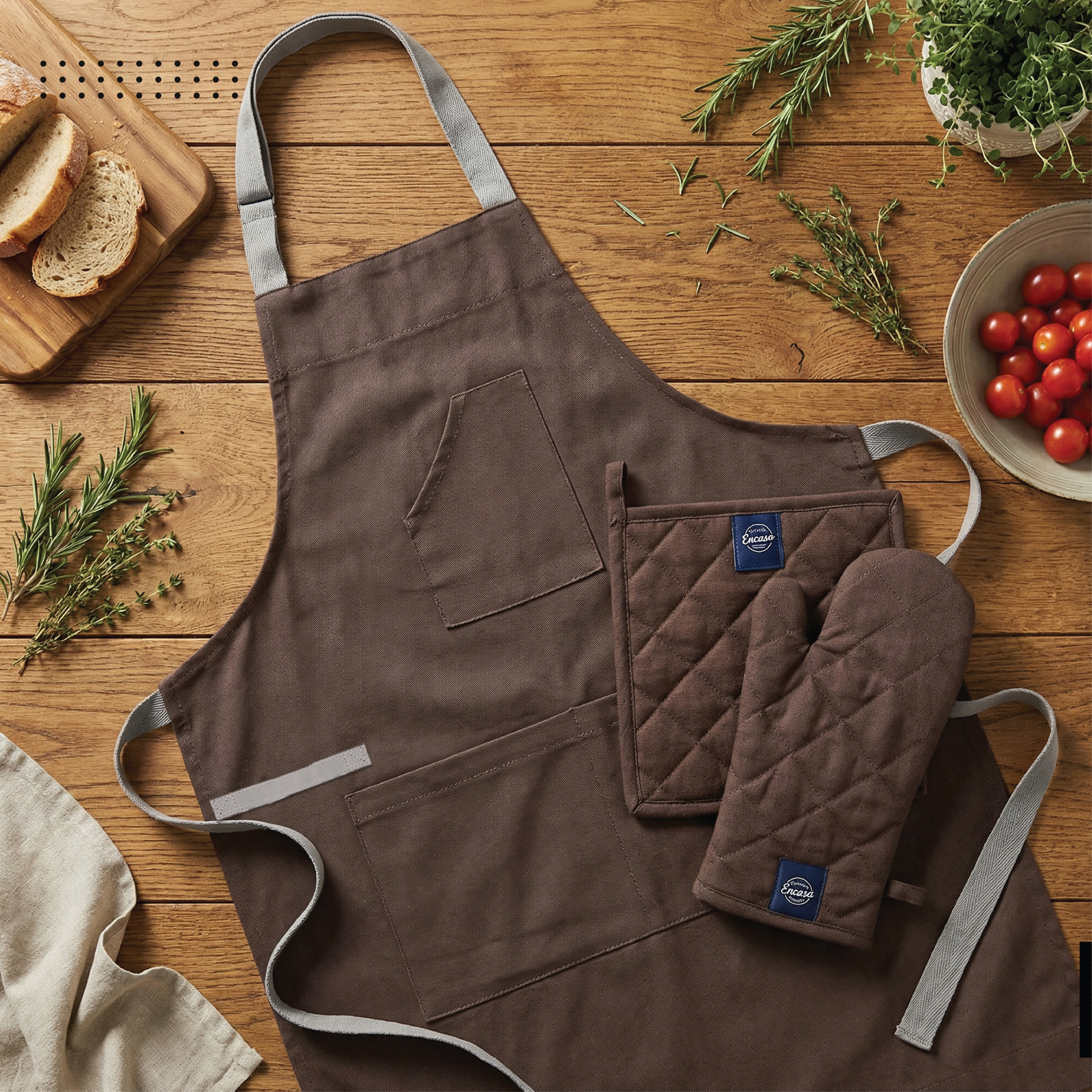 Cotton Dark Taupe & Beige Apron + Oven Glove + Pot Holder