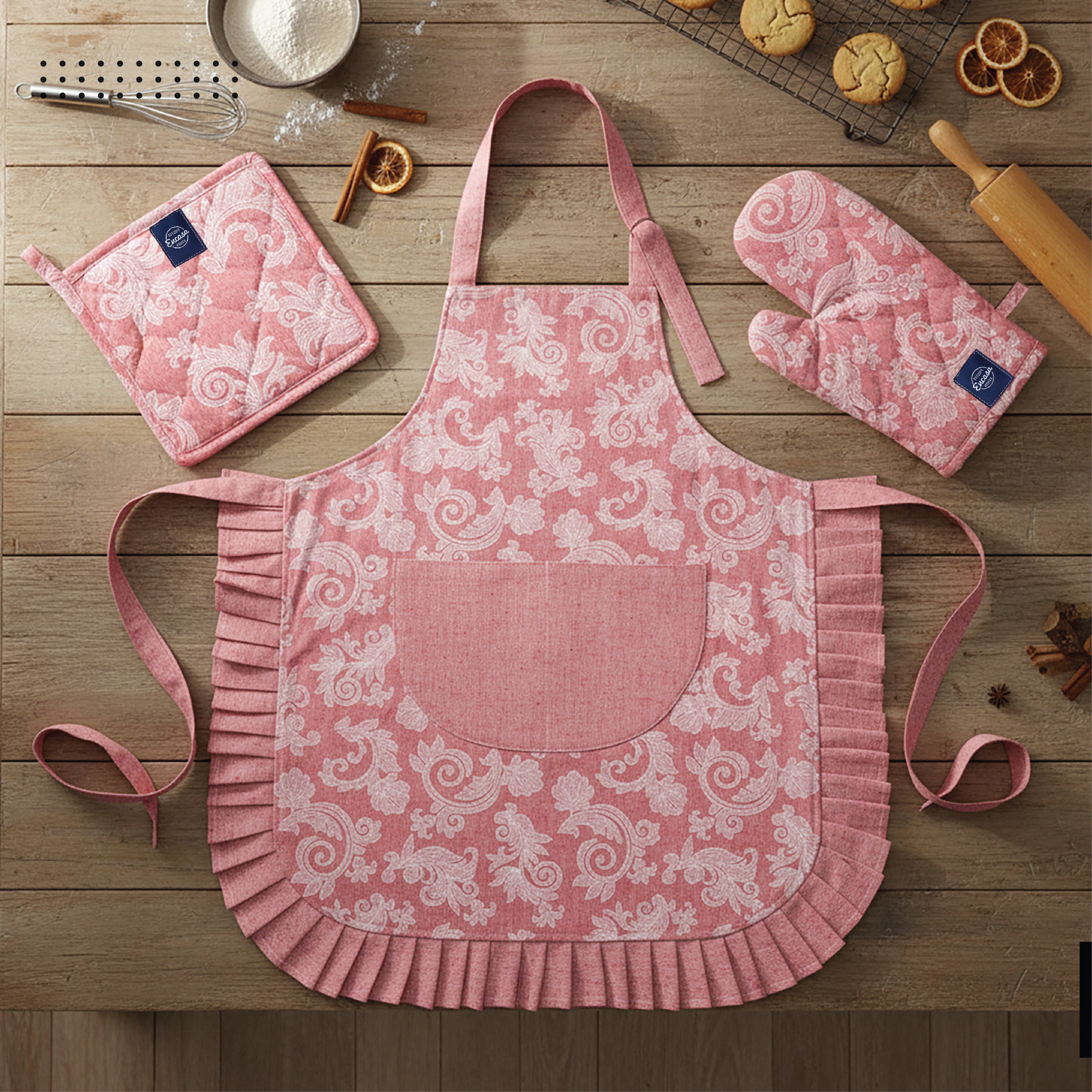 Cotton Floral Red Apron + Oven Glove + Pot Holder (Pack of 3)
